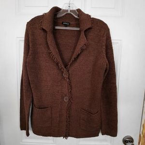 Effeci Fringed Shawl Collar Coffee Button Front Cardigan Ladies Size Large